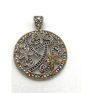 Pendant Orange Rhinestones Ornament a design Circle Silver Tone
